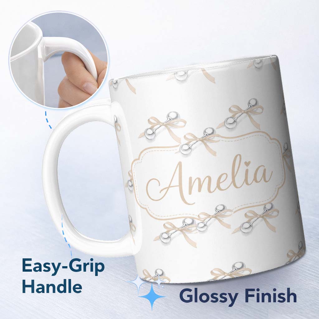 Personalized Custom Name Elegant Silver Bell Ribbon Seamless Pattern on Soft White Background 11oz Ceramic Coffee Tea Mug White Large Handle