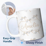 Personalized Custom Name Elegant Silver Bell Ribbon Seamless Pattern on Soft White Background 11oz Ceramic Coffee Tea Mug White Large Handle