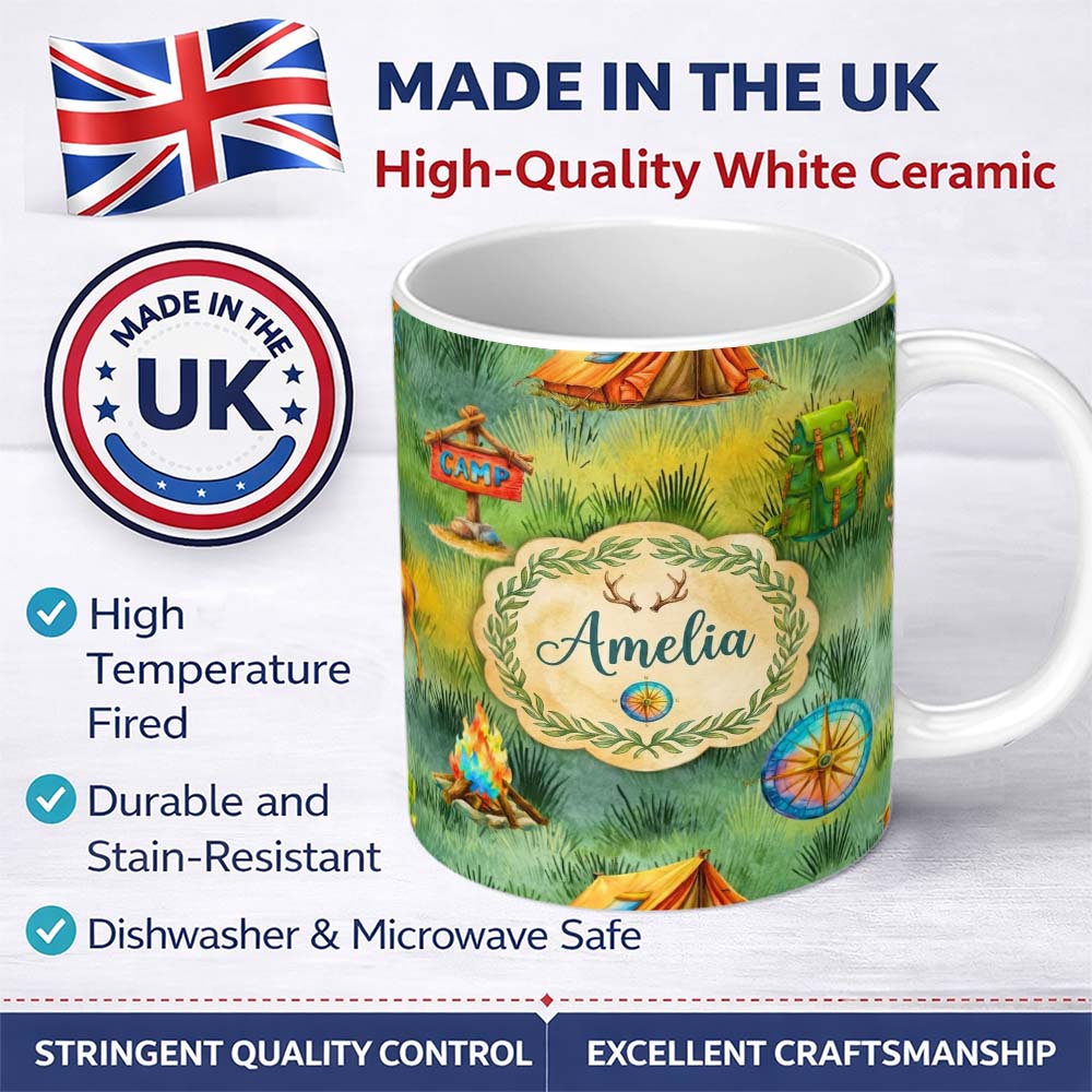 Personalized Custom Name Camping Adventure Gear Watercolor Seamless Pattern Cute Unique Gift 11oz Ceramic Coffee Tea Mug White Large Handle