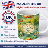 Personalized Custom Name Camping Adventure Gear Watercolor Seamless Pattern Cute Unique Gift 11oz Ceramic Coffee Tea Mug White Large Handle