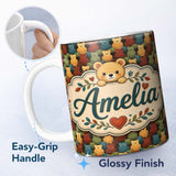 Personalized Custom Name Colorful Teddy Bear Rows Minimal Style Seamless Pattern Lovely 11oz Ceramic Coffee Tea Mug White Large Handle