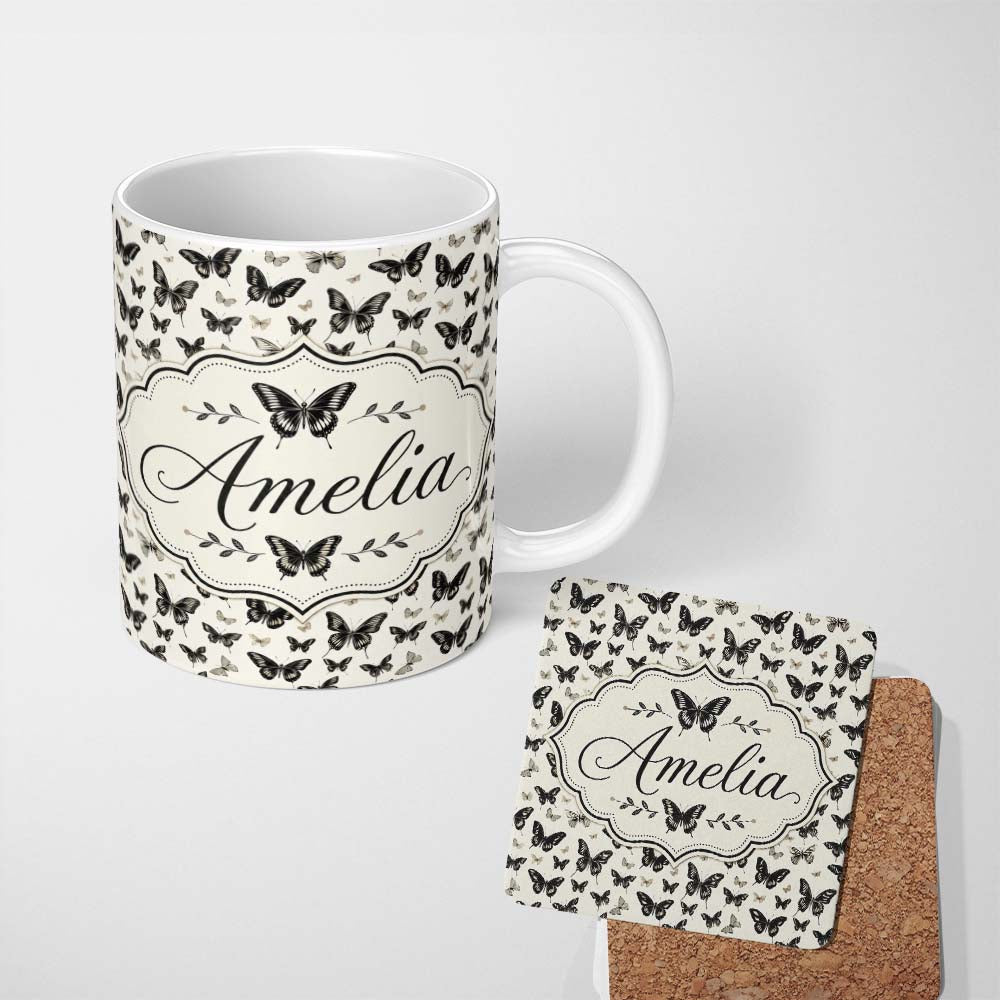 Personalized Custom Name Black and White Butterfly Vintage Style Seamless Pattern Lovely 11oz Ceramic Coffee Tea Mug White Large Handle