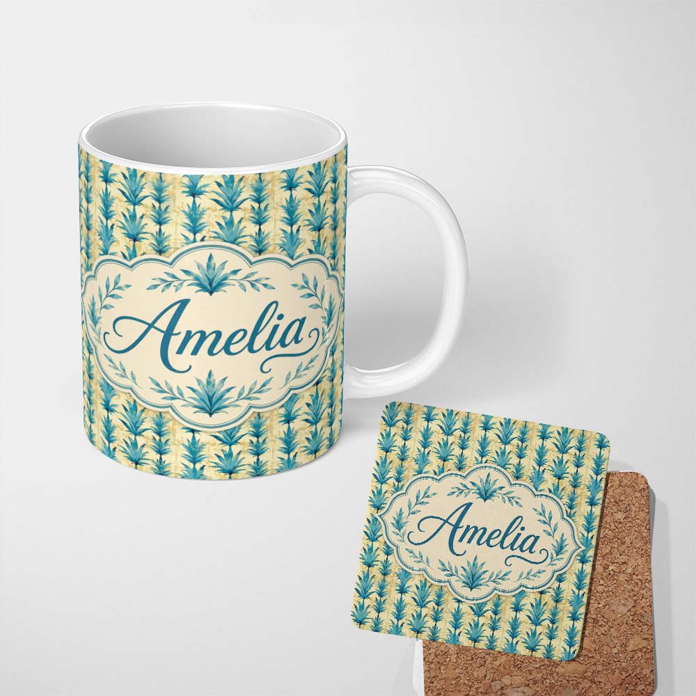 Personalized Custom Name Teal Tropical Leaf Vintage Texture Seamless Pattern Cute Unique Gift 11oz Ceramic Coffee Tea Mug White Large Handle