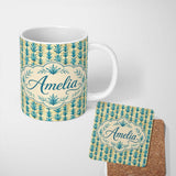 Personalized Custom Name Teal Tropical Leaf Vintage Texture Seamless Pattern Cute Unique Gift 11oz Ceramic Coffee Tea Mug White Large Handle
