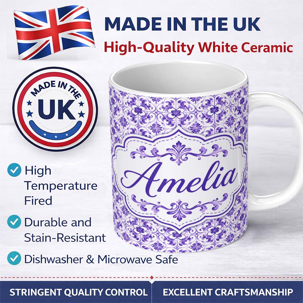 Personalized Custom Name Purple Ornamental Tile Floral Seamless Pattern Beautiful Coffee Cup 11oz Ceramic Coffee Tea Mug White Large Handle