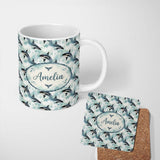 Personalized Custom Name Orca Whale Coral Reef Seamless Pattern Vibrant Ocean Life Design 11oz Ceramic Coffee Tea Mug White Large Handle