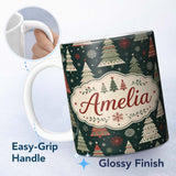 Personalized Custom Name Scandi Christmas Trees Snowflakes Red Green Dark Background Seamless 11oz Ceramic Coffee Tea Mug White Large Handle
