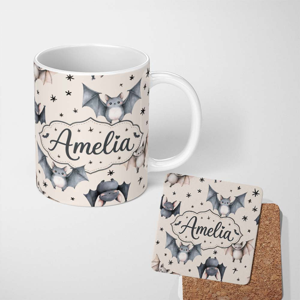 Personalized Custom Name Cute Baby Bats Flying with Stars Soft Beige Background Seamless 11oz Ceramic Coffee Tea Mug White Large Handle