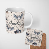 Personalized Custom Name Cute Baby Bats Flying with Stars Soft Beige Background Seamless 11oz Ceramic Coffee Tea Mug White Large Handle