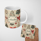 Personalized Custom Name Vintage Christmas Tree with Red Bows Ornaments and Snowflakes 11oz Ceramic Coffee Tea Mug White Large Handle
