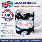 Personalized Custom Name Cute Dolphin Stingray Starfish Cartoon Sea Life Pattern Black Lovely 11oz Ceramic Coffee Tea Mug White Large Handle