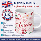 Personalized Custom Name Cute Cherry and Daisy Flowers with Pink Ribbon Bows Neutral Check 11oz Ceramic Coffee Tea Mug White Large Handle