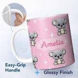 Personalized Custom Name Cute Cartoon Koala Bears with White Stars on Rose Pink Background 11oz Ceramic Coffee Tea Mug White Large Handle