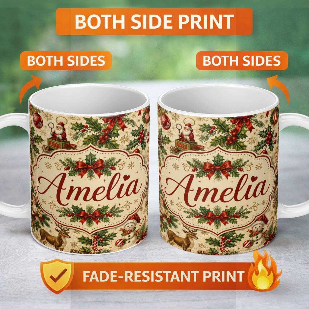 Personalized Custom Name Vintage Christmas Children Tree and Ornaments Nostalgic Holiday 11oz Ceramic Coffee Tea Mug White Large Handle