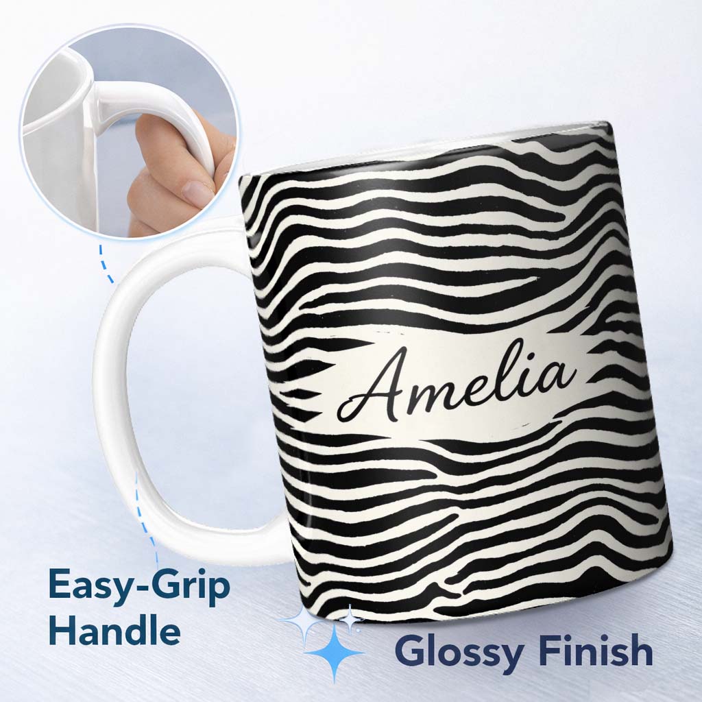 Personalized Custom Name Organic Terrazzo Shapes Black Beige Modern Abstract Pattern Lovely 11oz Ceramic Coffee Tea Mug White Large Handle
