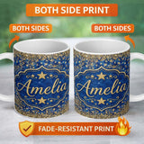 Personalized Custom Name Blue Galaxy Gold Star Glitter Seamless Pattern Design Sparkle Lovely 11oz Ceramic Coffee Tea Mug White Large Handle