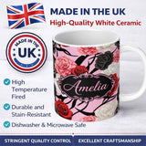 Personalized Custom Name Elegant Rose Floral with Black Red and White Flowers on Soft Pink 11oz Ceramic Coffee Tea Mug White Large Handle