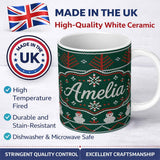 Personalized Custom Name Nordic Knit Alpaca Llama Pattern Green Red White Festive Sweater 11oz Ceramic Coffee Tea Mug White Large Handle