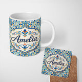 Personalized Custom Name Watercolor Mediterranean Tile Blue and Orange Floral Seamless Lovely 11oz Ceramic Coffee Tea Mug White Large Handle