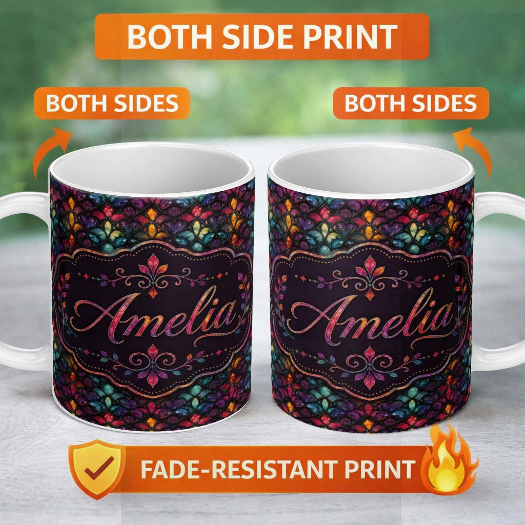 Personalized Custom Name Rich Jewel Tone Abstract Floral Tile Pattern Seamless Pattern Lovely 11oz Ceramic Coffee Tea Mug White Large Handle