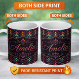 Personalized Custom Name Rich Jewel Tone Abstract Floral Tile Pattern Seamless Pattern Lovely 11oz Ceramic Coffee Tea Mug White Large Handle