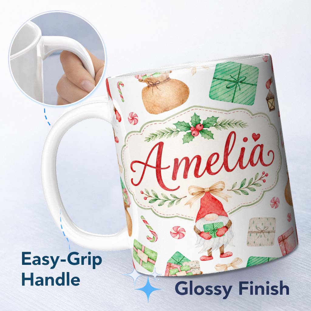 Personalized Custom Name Cute Christmas Gnome Holding Gift Candy Cane Presents Seamless 11oz Ceramic Coffee Tea Mug White Large Handle