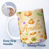 Personalized Custom Name Cute Watercolor Pumpkins and Candy Sweets on Pale Yellow Background 11oz Ceramic Coffee Tea Mug White Large Handle