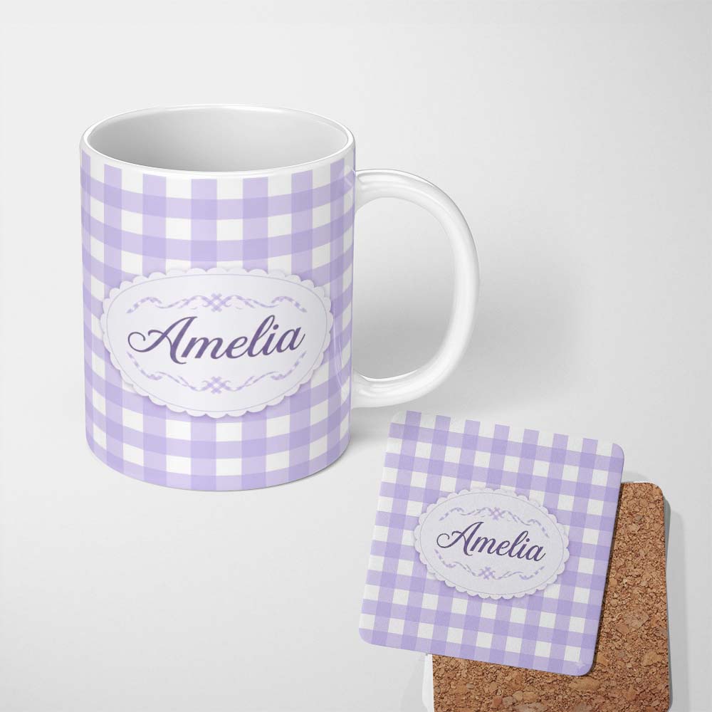 Personalized Custom Name Soft Purple And White Gingham Check Seamless Pattern Classic Lovely 11oz Ceramic Coffee Tea Mug White Large Handle