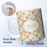 Personalized Custom Name Vintage Protea Floral Garden Illustration Seamless Pattern Lovely 11oz Ceramic Coffee Tea Mug White Large Handle