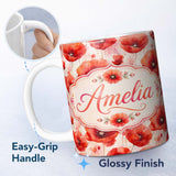Personalized Custom Name Delicate Red Poppy Floral Watercolor Seamless Pattern Lovely 11oz Ceramic Coffee Tea Mug White Large Handle