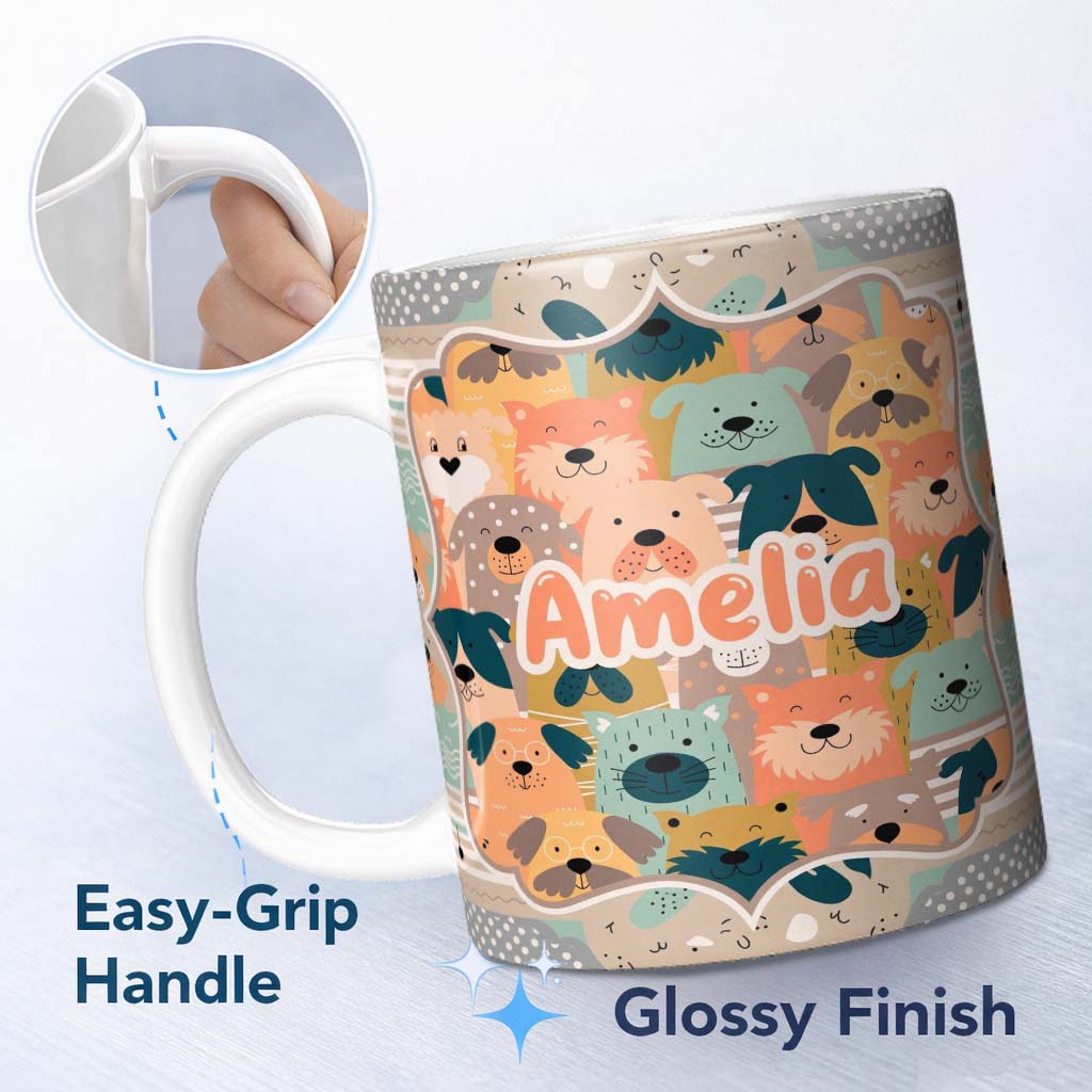 Personalized Custom Name Cute Cartoon Dog Faces Warm Colour Palette Seamless Pattern Lovely 11oz Ceramic Coffee Tea Mug White Large Handle