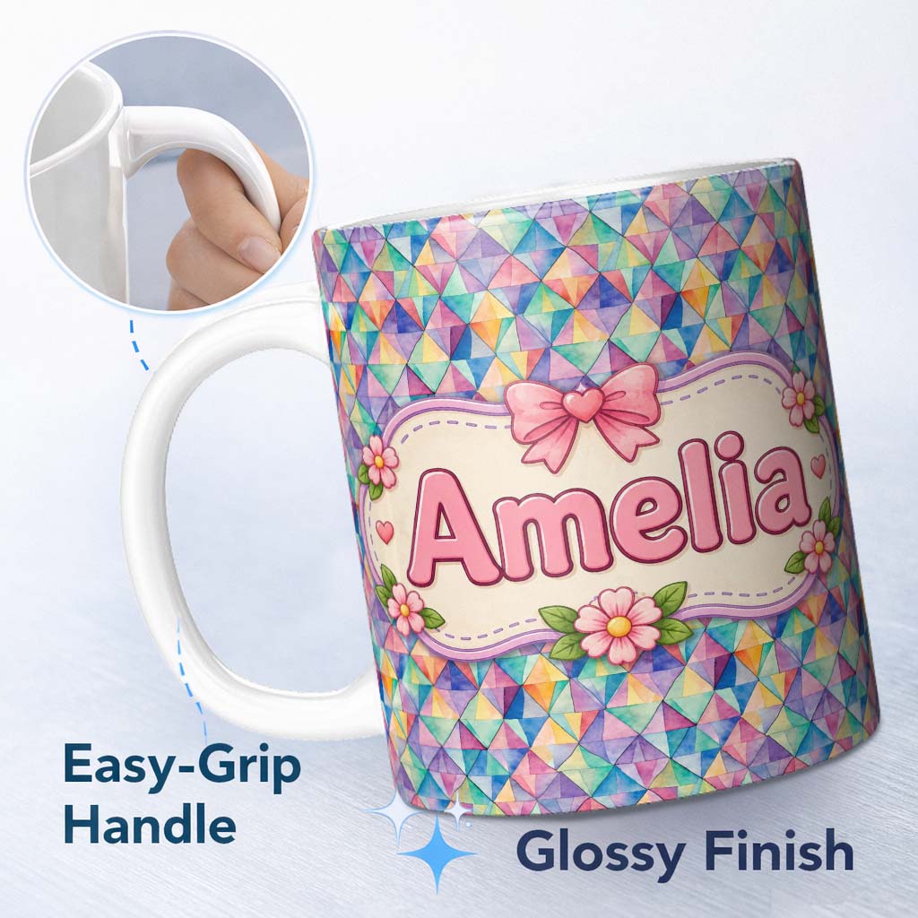 Personalized Custom Name Watercolor Triangle Mosaic Seamless Pattern Beautiful Coffee Cup 11oz Ceramic Coffee Tea Mug White Large Handle