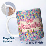 Personalized Custom Name Watercolor Triangle Mosaic Seamless Pattern Beautiful Coffee Cup 11oz Ceramic Coffee Tea Mug White Large Handle