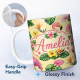 Personalized Custom Name Tropical Flamingo with Hibiscus Flowers and Leaves Warm Yellow 11oz Ceramic Coffee Tea Mug White Large Handle