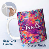 Personalized Custom Name Colourful Liquid Marble Swirl Pink Purple Orange Abstract Pattern 11oz Ceramic Coffee Tea Mug White Large Handle