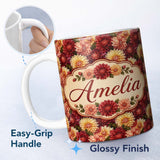 Personalized Custom Name Warm Autumn Dahlia Floral Mix Seamless Pattern Thoughtful Gift Idea 11oz Ceramic Coffee Tea Mug White Large Handle