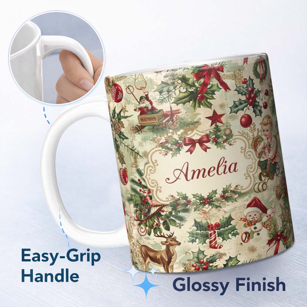 Personalized Custom Name Vintage Christmas Children Tree Snowman and Festive Illustrations 11oz Ceramic Coffee Tea Mug White Large Handle