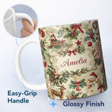 Personalized Custom Name Vintage Christmas Children Tree Snowman and Festive Illustrations 11oz Ceramic Coffee Tea Mug White Large Handle
