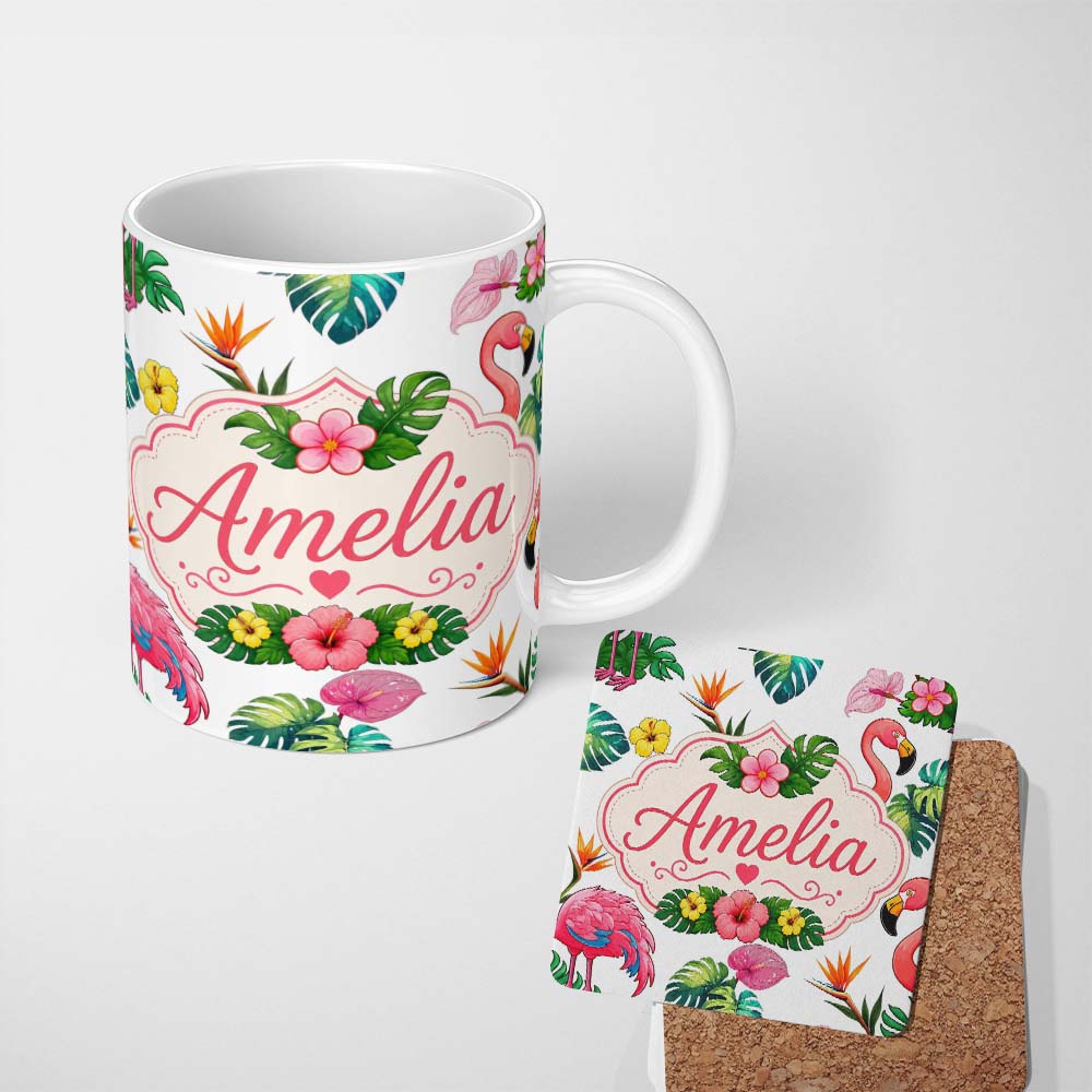 Personalized Custom Name Tropical Flamingo Bird with Exotic Flowers Leaves Light Grey Lovely 11oz Ceramic Coffee Tea Mug White Large Handle