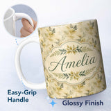 Personalized Custom Name Soft Beige Fern Botanical Watercolor Seamless Pattern Lovely 11oz Ceramic Coffee Tea Mug White Large Handle