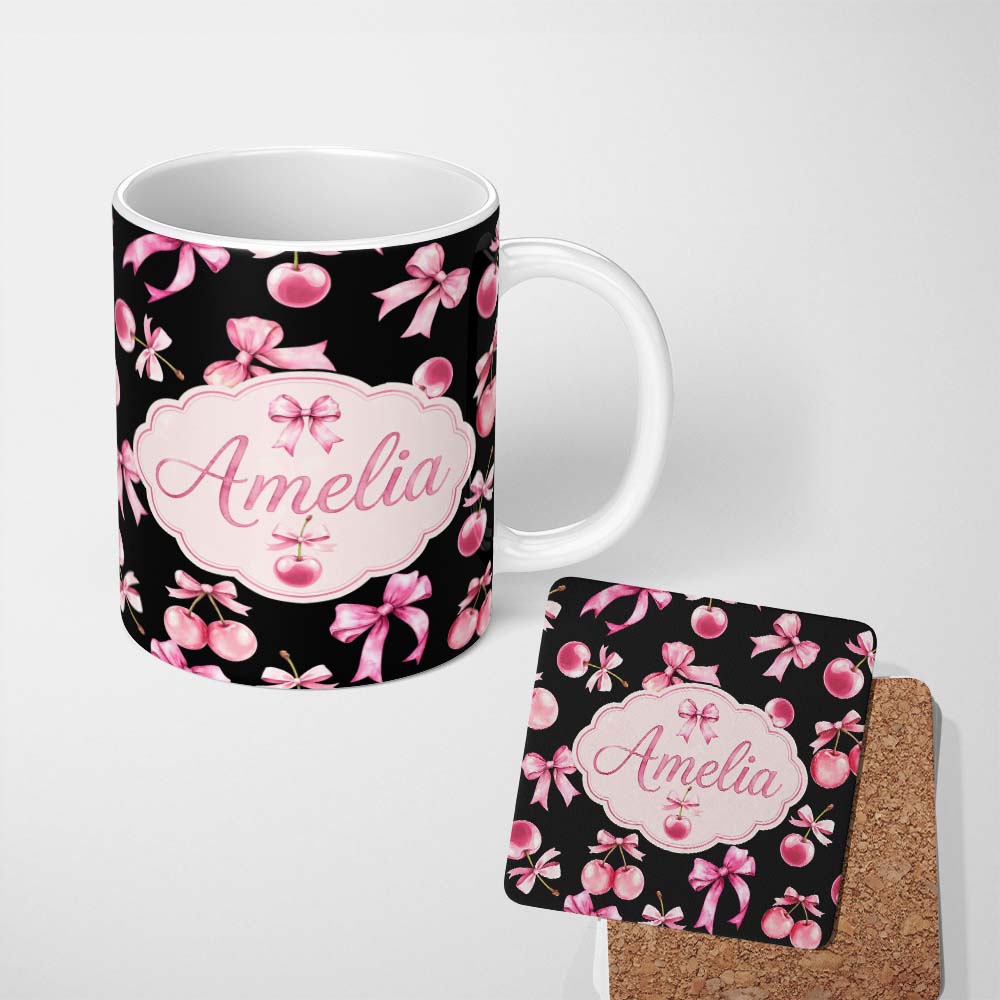 Personalized Custom Name Watercolor Pink Cherry Ribbon Bow Seamless Pattern Light Grey Lovely 11oz Ceramic Coffee Tea Mug White Large Handle