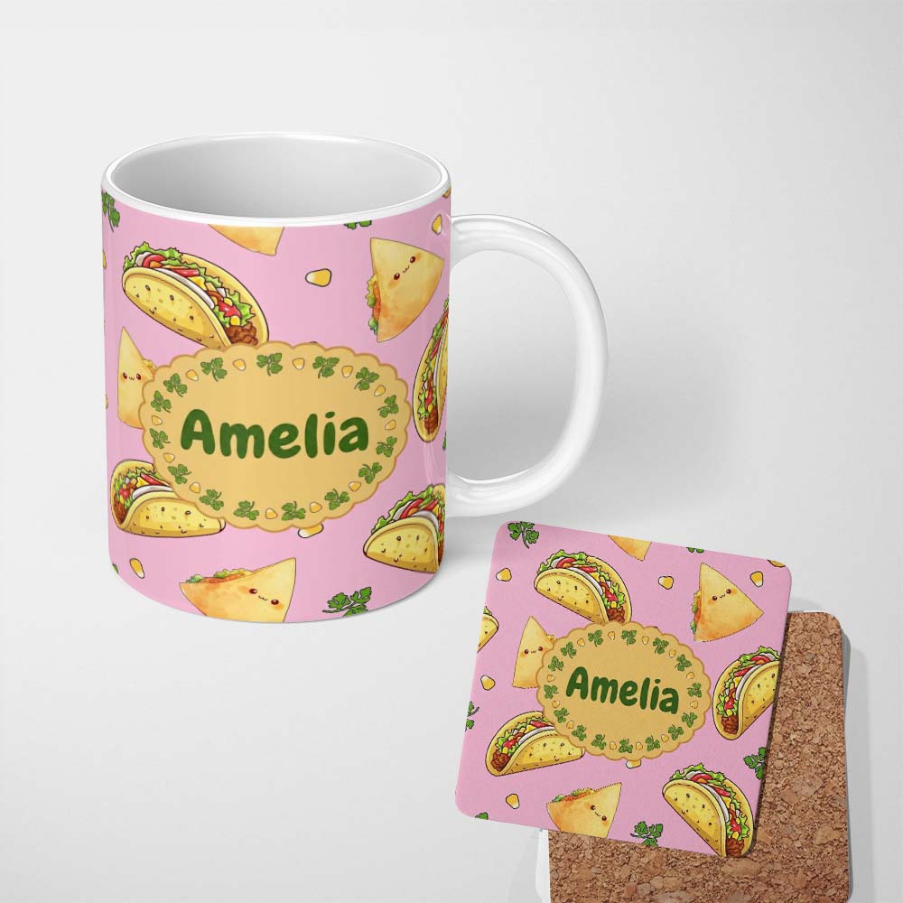 Personalized Custom Name Cute Kawaii Tacos and Wraps Seamless Pattern Bright Pink Background 11oz Ceramic Coffee Tea Mug White Large Handle