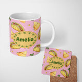 Personalized Custom Name Cute Kawaii Tacos and Wraps Seamless Pattern Bright Pink Background 11oz Ceramic Coffee Tea Mug White Large Handle