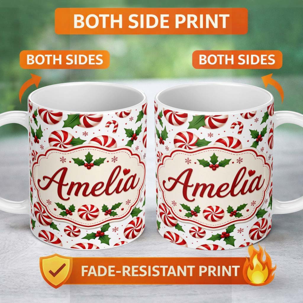Personalized Custom Name Red White Peppermint Candy Swirl Holly Seamless Pattern Lovely 11oz Ceramic Coffee Tea Mug White Large Handle