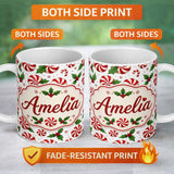Personalized Custom Name Red White Peppermint Candy Swirl Holly Seamless Pattern Lovely 11oz Ceramic Coffee Tea Mug White Large Handle