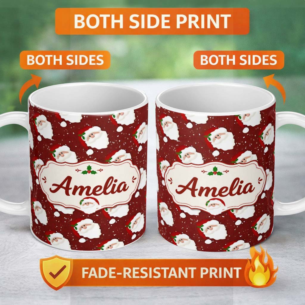 Personalized Custom Name Cute Santa Face Red Snow Background Christmas Seamless Pattern 11oz Ceramic Coffee Tea Mug White Large Handle