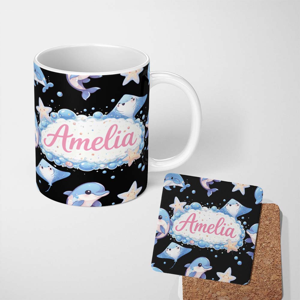 Personalized Custom Name Cute Dolphin Stingray Starfish Cartoon Sea Life Pattern Black Lovely 11oz Ceramic Coffee Tea Mug White Large Handle