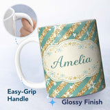 Personalized Custom Name Gold Glitter Stripe Stars Snowflakes Festive Seamless Pattern Lovely 11oz Ceramic Coffee Tea Mug White Large Handle