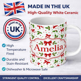 Personalized Custom Name Christmas Holly Leaves Red Bows Polka Dots Seamless Pattern Lovely 11oz Ceramic Coffee Tea Mug White Large Handle