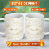 Personalized Custom Name Gold Snowflake Pattern White Background Seamless Cute Unique Gift 11oz Ceramic Coffee Tea Mug White Large Handle